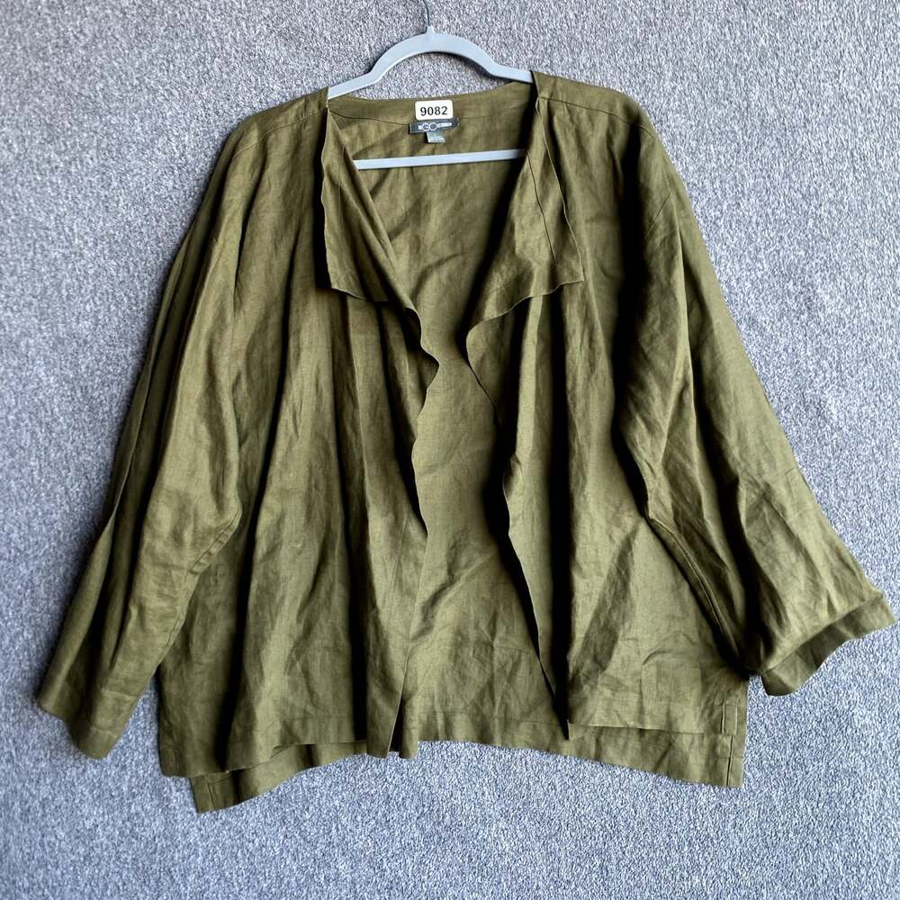 Go Silk Women's Size Large Green Linen Long Sleeve Open Front Sweater Cardigan